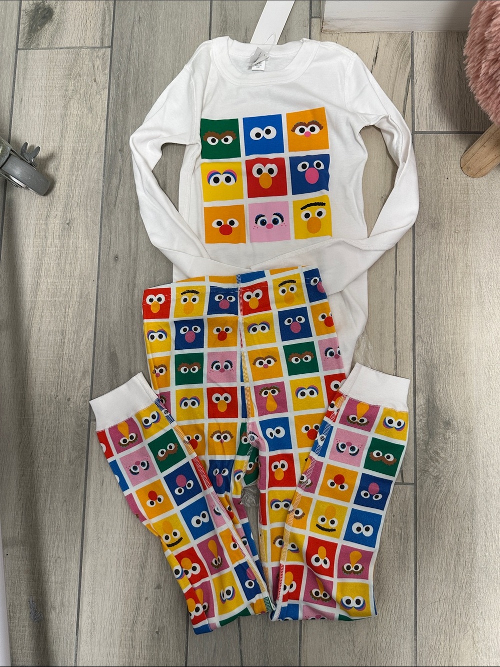 Hanna Anderson Sesame Street White Pajama Set with Multicolor Cartoon Squares